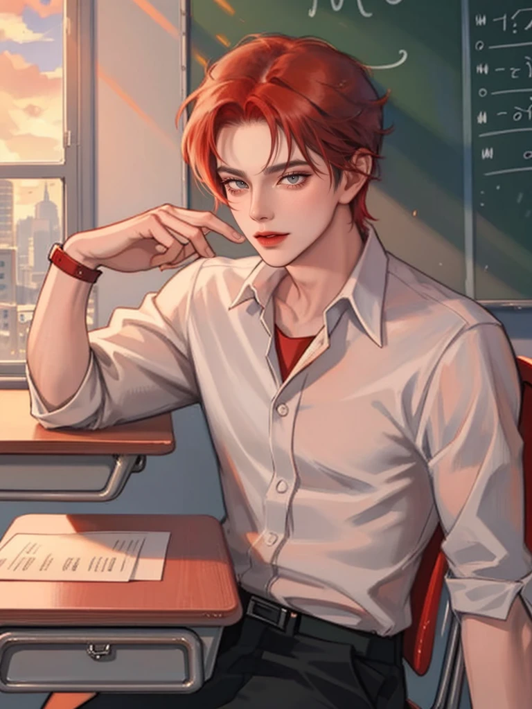 (masterpiece,best quality,1boy,red hair,wearing a ,sitting on his desk, classroom, bad boy