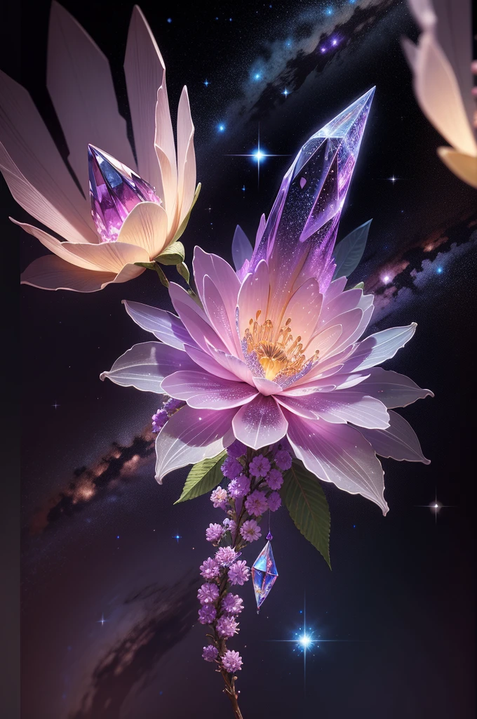 crystal flower, Fantasy, Milky Way, transparent, Sparkling, Sparkling, The Shining, colorful, magical photography, LightingDramatic, Photorealism, Ultra-detailed, 4K, Depth of written boundary, High resolution、crystal
