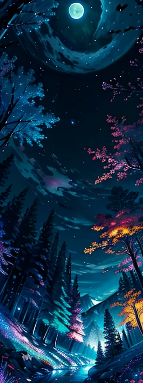 Expansive landscape photograph, (view from below with a view of the sky and the wilderness below),  standing in a flower field looking up, (full moon: 1.2), (shooting star: 0.9), (nebula: 1.3), distant mountain, tree break production art, (warm light source: 1.2), (firefly: 1.2), lamp, purple and orange, intricate detail, volume lighting BREAK (masterpiece: 1.2), (highest quality ), 4k, ultra-detailed, (dynamic configuration: 1.4), highly detailed and colorful details (iridescent: 1.2), (sparkling lighting, atmospheric lighting), dreamy, magical, (solo: 1.2)