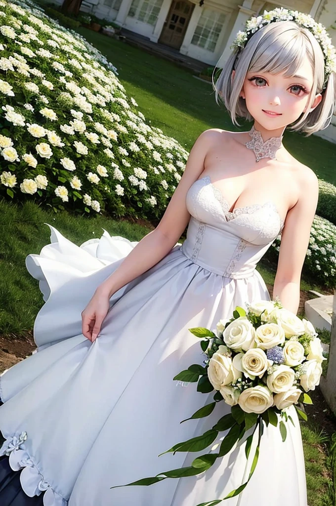 Grey Hair　Short Hair　Indigo eyes　smile　beautiful girl　wedding　White Dress　White flower bouquet　Flower Field　Fantastic Light