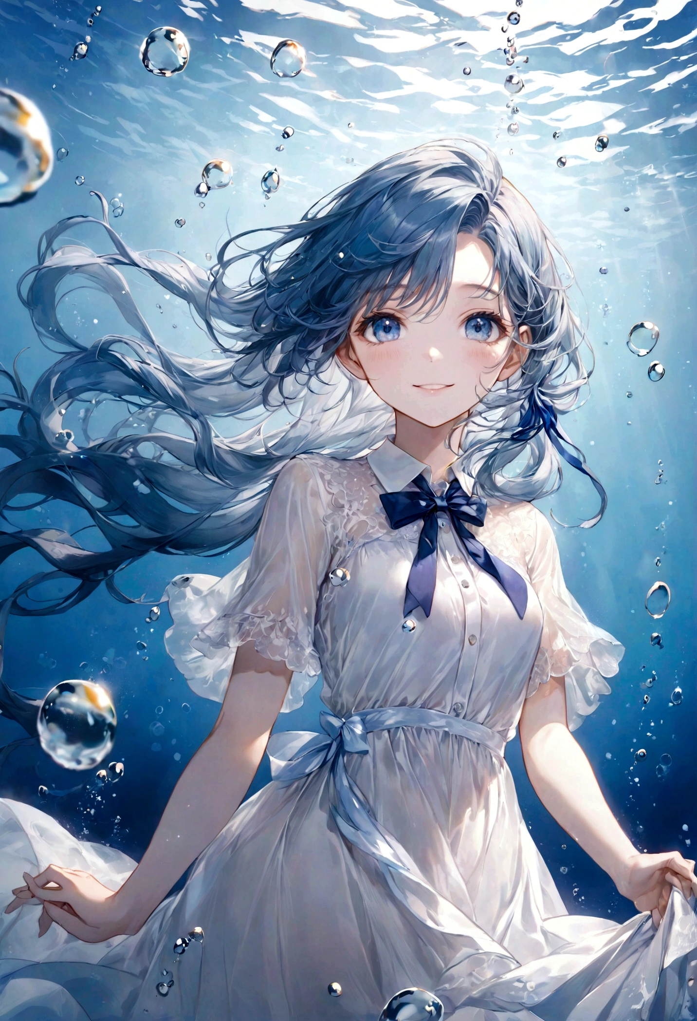 ((top-quality)), ((​masterpiece)), ((ultra-detailliert)), (extremely delicate and beautiful), sky blue hair, watery hair, bright sapphire eyes, fair skin, beautiful woman, sheer white dress, navy blue ribbon ties, underwater world, cold background, air bubbles, water bubbles, underwater, sweet smile, delicate wavy long hair, graceful, relaxed