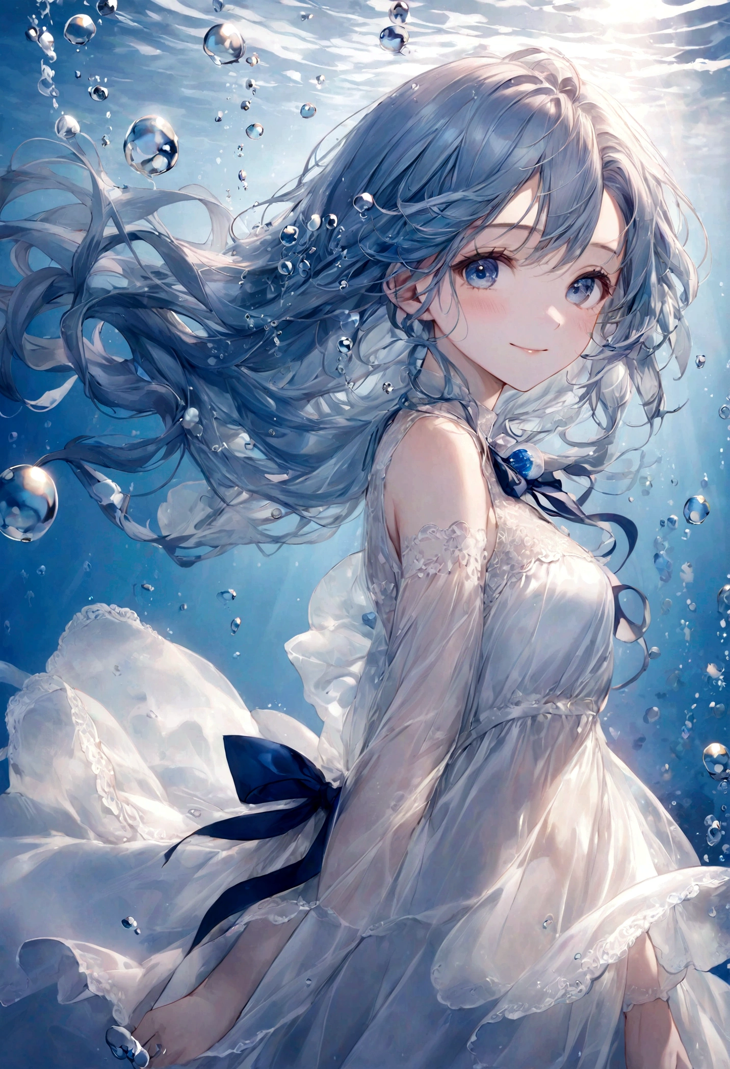 ((top-quality)), ((masterpiece)), ((ultra-detailliert)), (extremely delicate and beautiful), sky blue hair, watery hair, bright sapphire eyes, fair skin, beautiful woman, sheer white dress, navy blue ribbon ties, underwater world, cold background, air bubbles, water bubbles, underwater, sweet smile, delicate wavy long hair, graceful, relaxed
