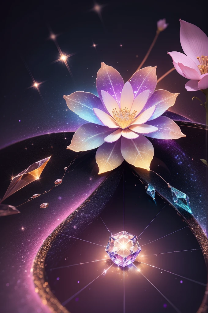crystal flower, Fantasy, Milky Way, transparent, Sparkling, Sparkling, The Shining, colorful, magical photography, LightingDramatic, Photorealism, Ultra-detailed, 4K, Depth of written boundary, High resolution、crystal