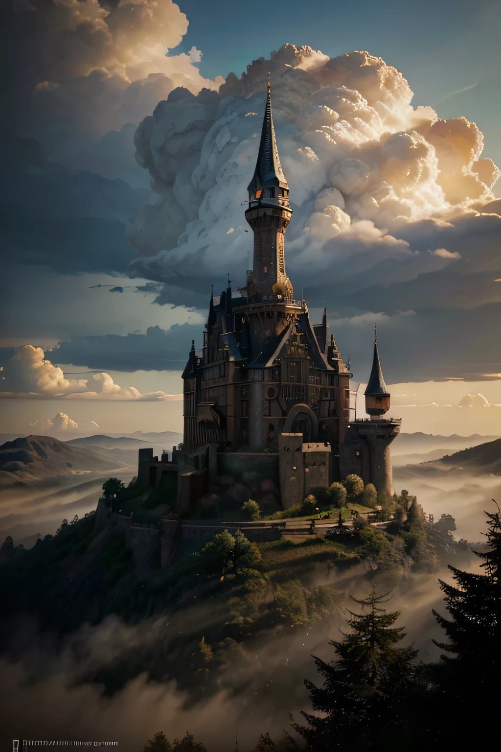 High-resolution image, advanced detail levels, blending Monet's impressionist style with anime, using chiaroscuro lighting. Scene of a steampunk castle perched on a mountain, shrouded in soft clouds. The castle should feature exposed gears, copper pipes, and elaborate architectural details. In the sky, a steampunk airship with propellers and hot air balloons floating. Use chiaroscuro lighting to create dramatic contrasts between light and shadow, highlighting the intricate details of the castle and airship, while imbuing the scene with atmospheric depth and a sense of mystery. Combine Monet's soft brushstrokes and color palette with the dynamic lines and expressiveness of anime for an impressionistic yet contemporary image.