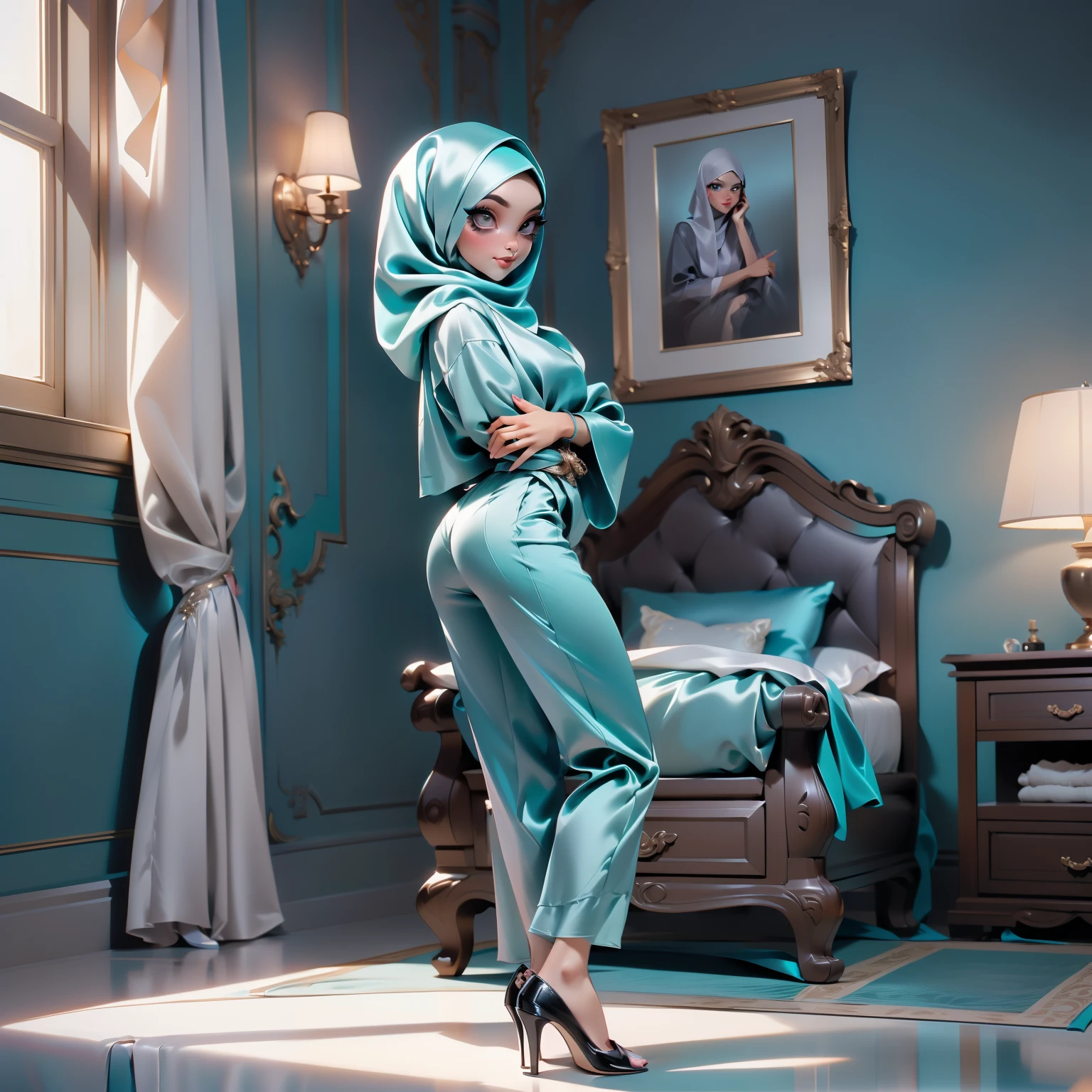 3DMM, ((Masterpiece, best quality, photography, detailed skin, realistic, photo-realistic, 8k, highly detailed, full length frame, High detail RAW color art, diffused soft lighting, shallow depth of field, sharp focus, hyperrealism, cinematic lighting, hijab, a woman, beautifully makeup, eyeshadow, beautiful big eyes, long eye lashes, tempting smile, wearing (Teal satin hijab), loosely tide hijab style, ((gray satin shirt)), satin long pants, pose for pictures, luxury hotel room, full body, front view