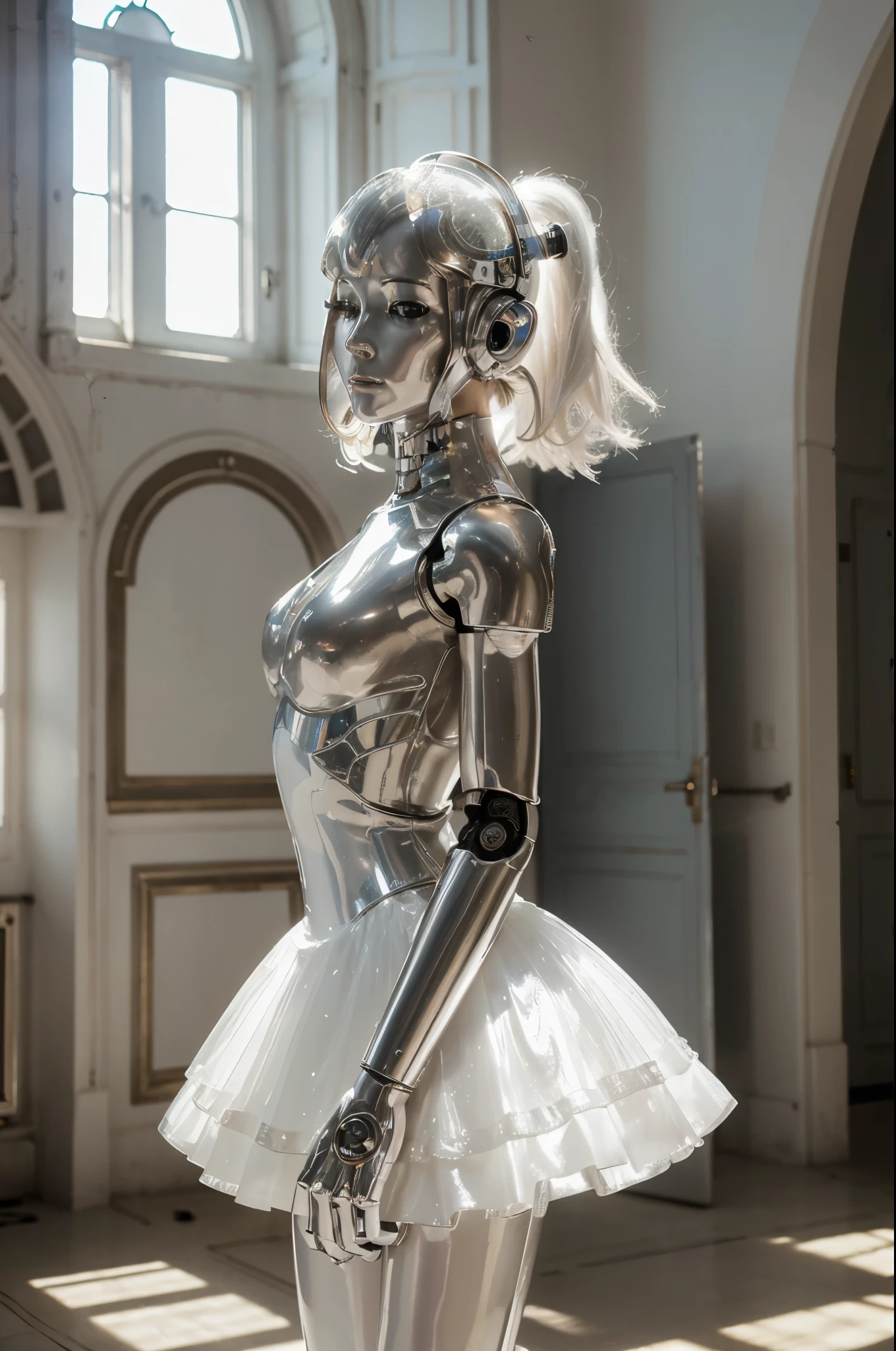 detailed shot of a robot, completely mechanic creature, made of glossy white plastic and silver, wearing a tutu, in a beautiful and delicate ballet pose, in an empty room with large windows through which warm light enters, art by Mschiffer