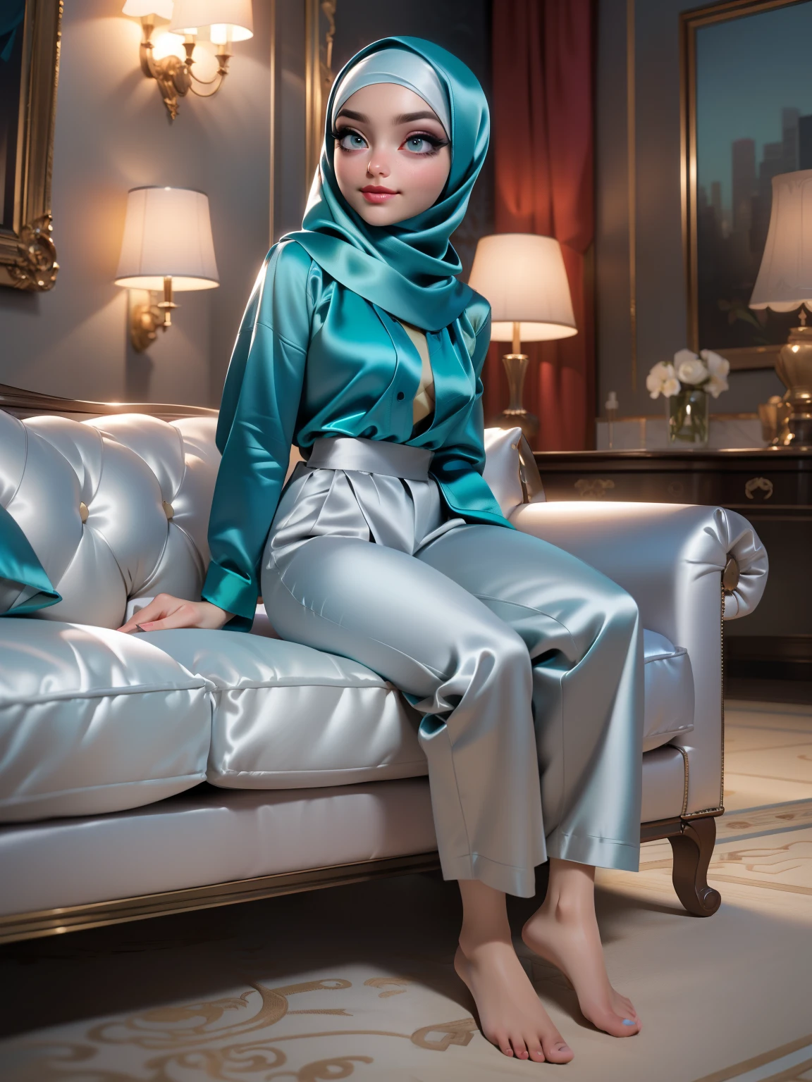 ((Masterpiece, best quality, photography, detailed skin, realistic, photo-realistic, 8k, highly detailed, full length frame, High detail RAW color art, diffused soft lighting, shallow depth of field, sharp focus, hyperrealism, cinematic lighting, hijab, a woman, beautifully makeup, eyeshadow, beautiful big eyes, long eye lashes, tempting smile, wearing (Teal satin hijab), loosely tide hijab style, ((gray satin shirt)), satin long pants, laying on sofa, luxury hotel room, full body, front view
