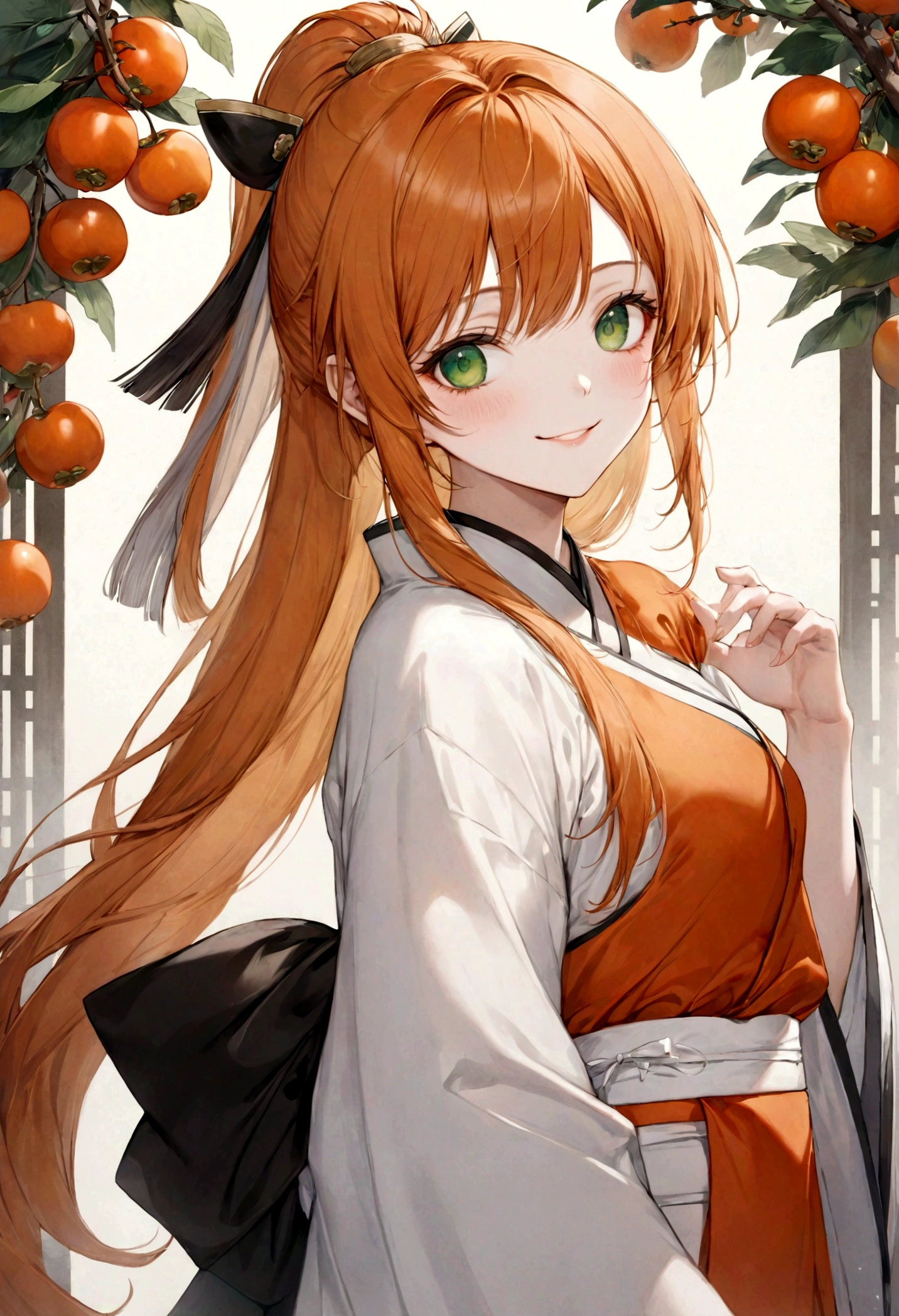 ((top-quality)), ((masterpiece)), ((ultra-detailliert)), (extremely delicate and beautiful), orange hair, long straight hair, long ponytail, green eyes, persimmons in the background, wuxia clothes, mischievous smile, beautiful woman, cheerful