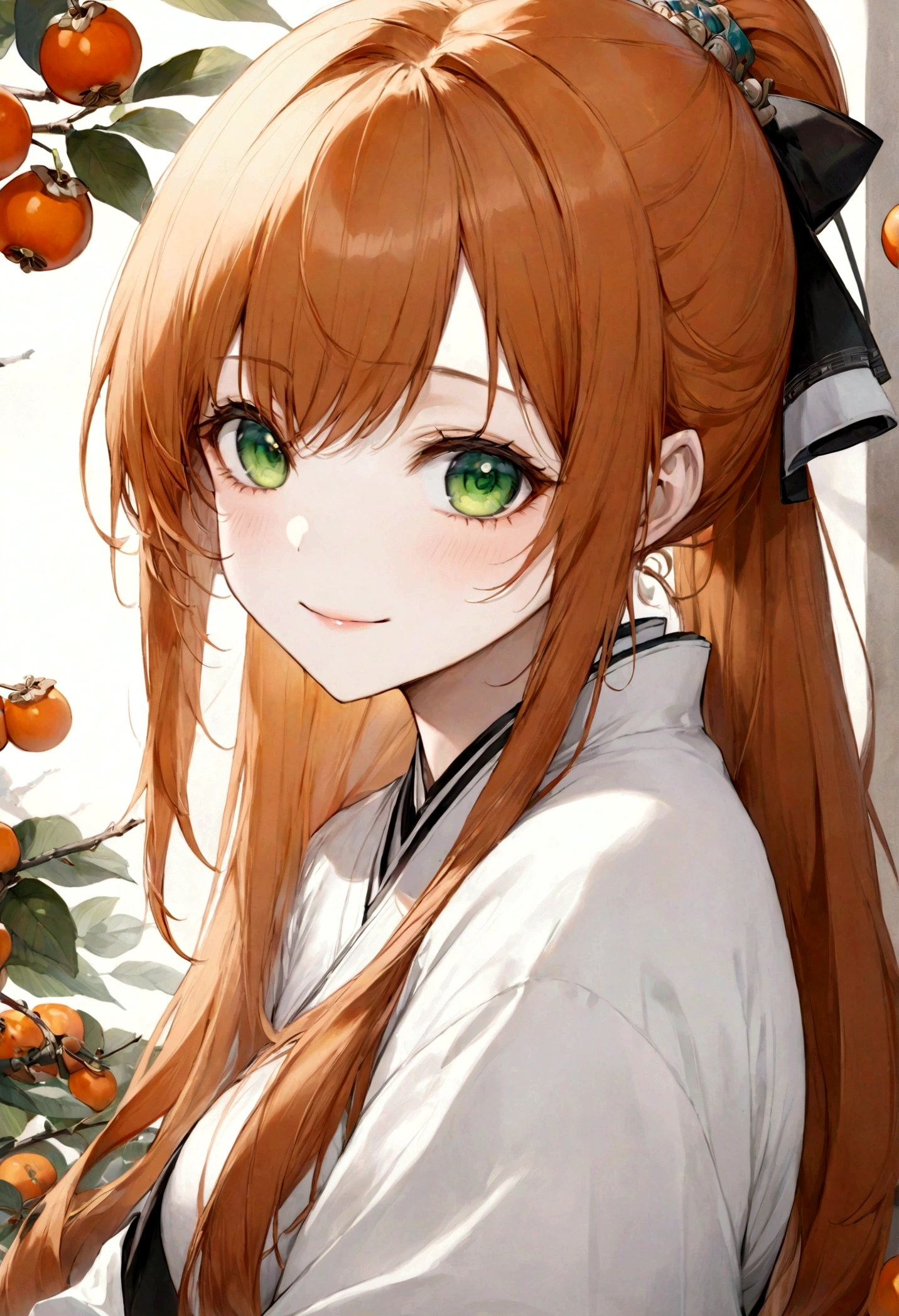 ((top-quality)), ((​masterpiece)), ((ultra-detailliert)), (extremely delicate and beautiful), orange hair, long straight hair, long ponytail, green eyes, persimmons in the background, wuxia clothes, mischievous smile, beautiful woman, cheerful