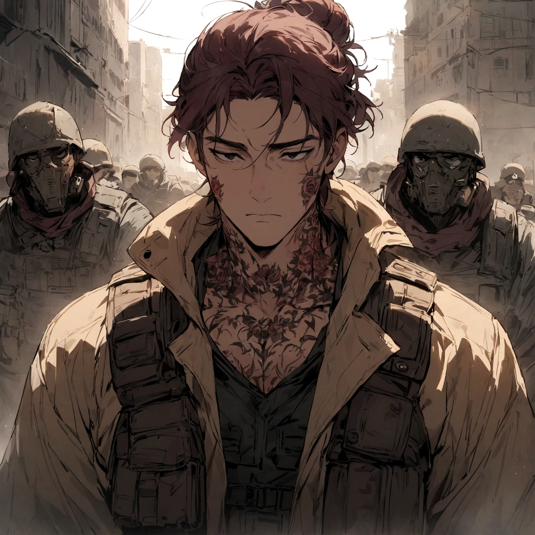 (masterpiece), best quality, expressive eyes, perfect face, Male, maroon messy hair-bun, black eyes, neck roses tattoo. brown fur lined overcoat, tactical vest, handsome, waist up view, upper body view, dark brown dustercoat, soldier, post apocalyptic, maroon hair