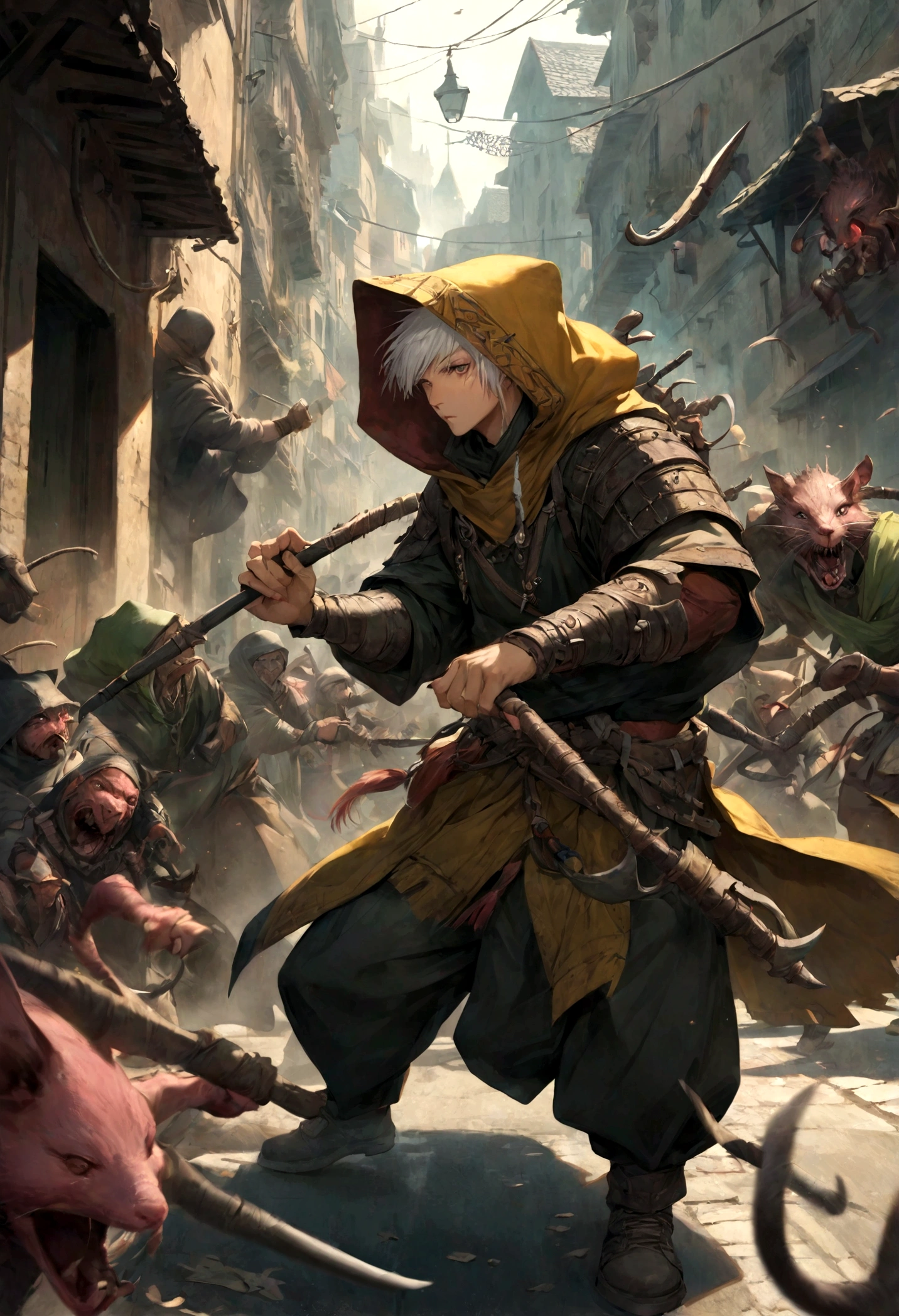 Masterpiece, high quality, hooded gang warrior (baldu'rs gate), fighting against skaven, In the streets