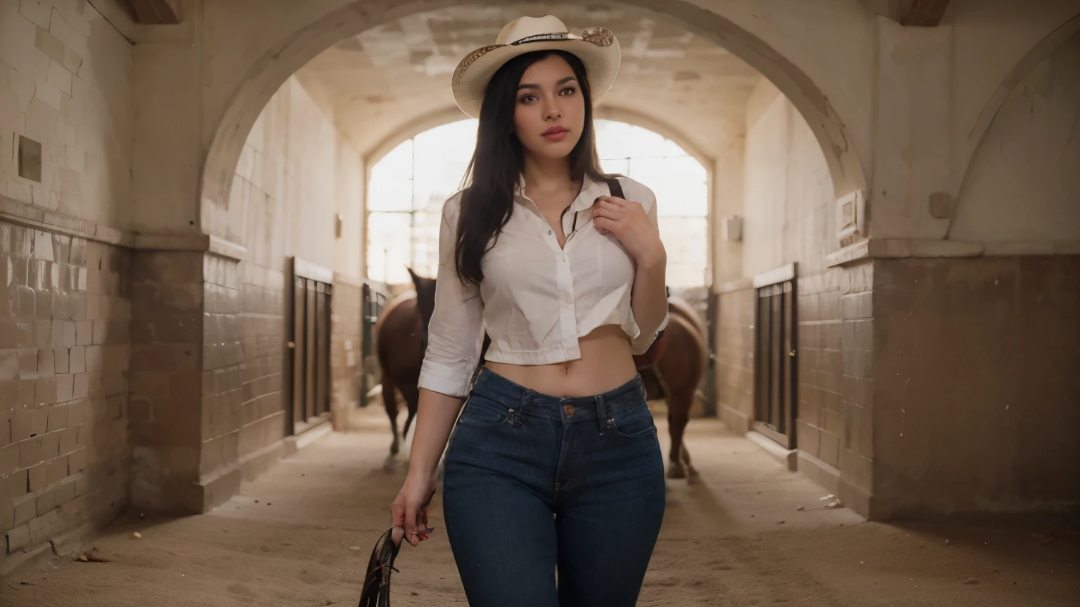 hyper realistic, master photo, 16K high resolution, Mexican woman, black hair, beautiful face, red lips, dark brown eyes, jeans, white shirt, cowboy hat, cowgirl boots, Mexicans, very hot, horse riding, body shape With curves