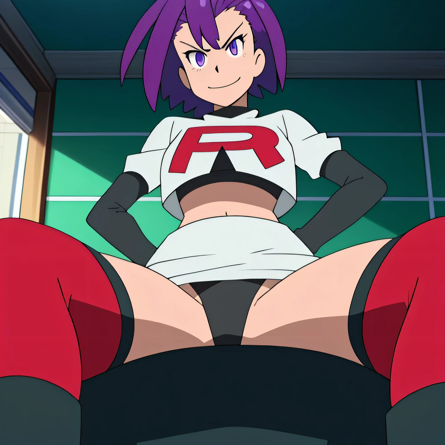 Colorful , masutepiece, Best Quality, 1girl in, , purple hair, middle hair, spike hair, Evil Female Executive, Goth ta Costume, a miniskirt, White stockings, Large red ribbon, a choker, White inner, black clothes, Sadistic smile, evil smile, bkack boots, bat wings, , from below, looking at viewer, trample on viewer,masterpiece,best quality,high res,high quality,8k, masterpiece,highres, team rocket uniform, red letter r, white skirt,white crop top,black thigh-high boots, black elbow gloves, glaring angrily, looking down at viewer, hands on hips, cowboy shot, zettai ryouiki,sitting on toilet.spread legs,from below, black panties,detailed facial features, highly detailed, 8k, photorealistic, vibrant colors, dramatic lighting, cinematic composition,