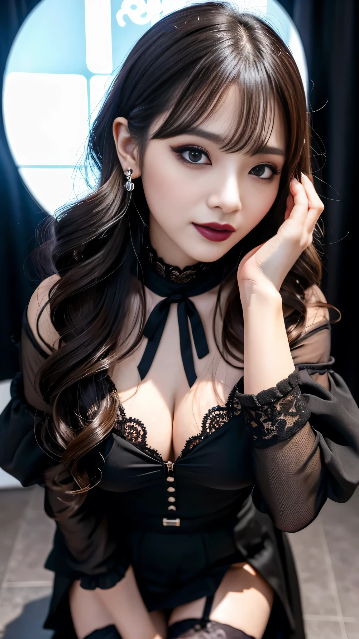 best quality、ultra-detailed、8k、Japanese、Japanese、Seductive beauty、seductive adult woman、Pretty Woman、cool girl、Villainess、brainwash makeup、Brainwashed、brainwash、Fallen into evil、smirk、Evil look、Wicked Smile、evil、Brown hair、wavy hair、swept bangs、dark makeup、dark makeup、piercing eyes、hollow eyes,half-closed eyes、Hollow Eyes、purple Eyeshadow、black lipstick、black lipglos、Lace fabric、black party dress、Wide sleeves、flare skirt、stockings、pantyhose、night、inside darkroom、Are standing、Look、Offer、shoot from below、Make up、Hold a small makeup brush、Swear allegiance、I have pledged my allegiance、Seduce、Evil female executive、Female Combatant