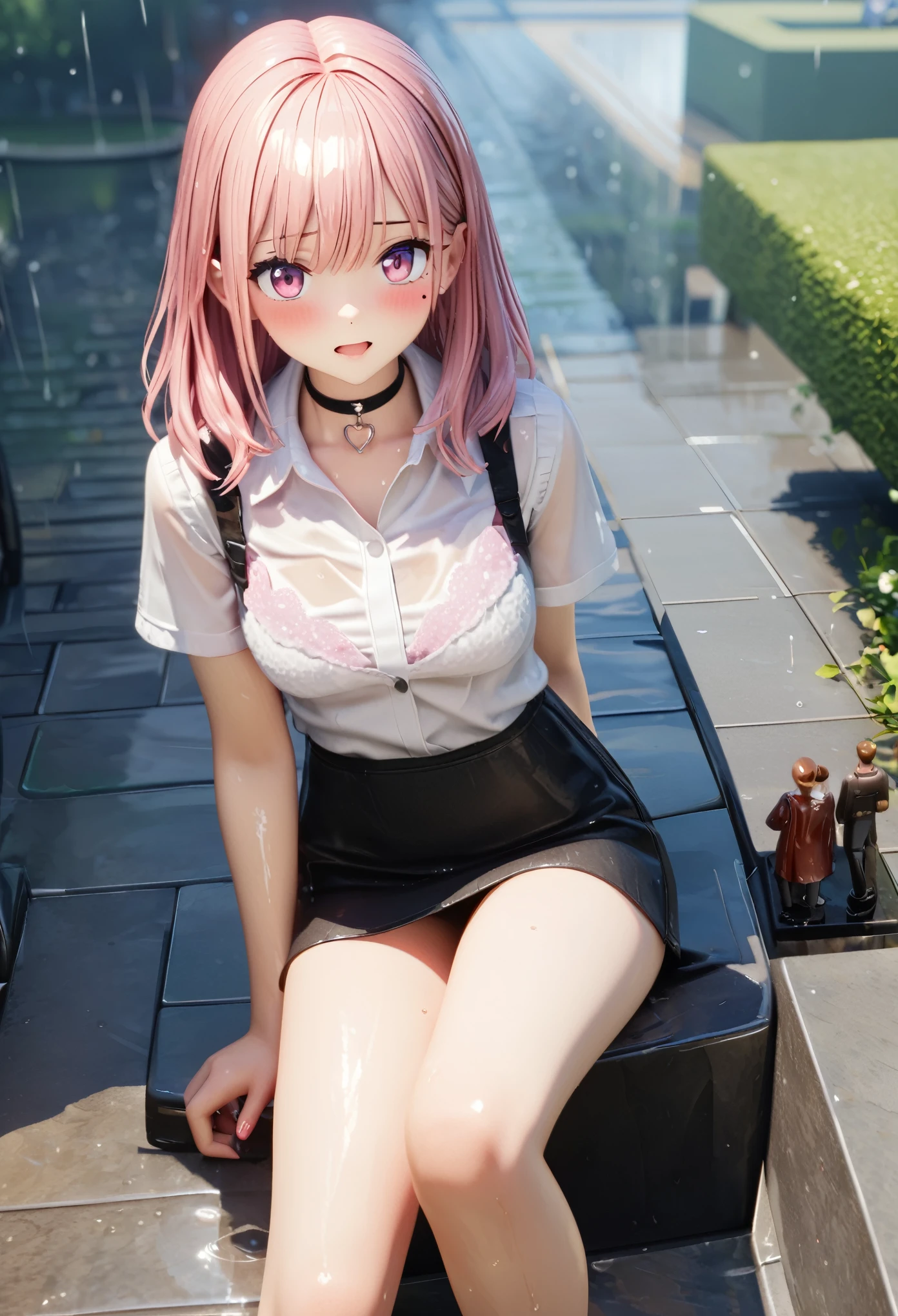 Masterpiece, Top Quality, Highly Detailed, High Resolution, Expensive Resolution, High Resolution, 4K, 8k, Unity 8k Wallpaper, Highly Detailed CG, Masterpiece, 2D, 3D, Beautiful Details, Depth, Fine Texture, Top Quality: 1.3, Perfect focus, Clear skin, Him, Very cute anime girl, Casual style, Heavy rain while meeting him in the park, Her whole body is soaked with rain and her white blouse is transparent, Her hair is also soaked and dripping with moisture, Her bra is visible through her clothes.From the knee up, Big breasts,Mini skirt, standing figure, Soaked by heavy rain,Mole under eye, Looking at the viewer, Expensive, Blush, Mole, Open lips, Heart, Pink eyes, Choker