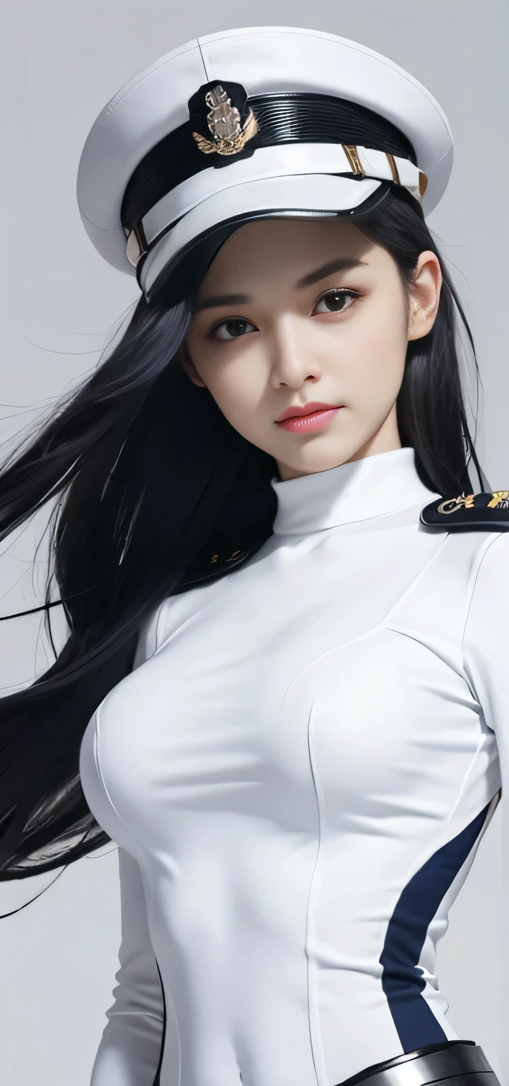 1girl ， top-quality， medium breasts beautiful， pretty，On a warship， masterpiece，(tight fitting White Navy Uniform)， Long Black Hair，With military cap，Eyes are sharp and affectionate，A sweet smile，battle posture，full armor：1.8，white colors，（facial detailing：1.2）, thin waist，long legged，cleavage showing，