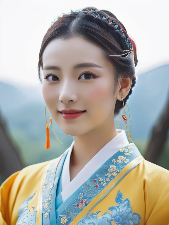 A woman in a blue and red dress poses for a photo., สวมChinese dressโบราณ, palace ， a girl in Hanfu, Hanfu, traditional chinese clothing, with ancient Chinese clothes, traditional chinese, traditional beauty, Chinese dress, Chinese girl, Chinese dress, Chinese style, Chinese woman, Wearing a blue cheongsam, Tailoring a suit according to tradition