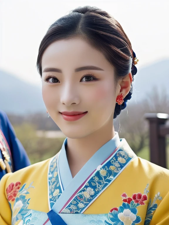 A woman in a blue and red dress poses for a photo., สวมChinese dressโบราณ, palace ， a girl in Hanfu, Hanfu, traditional chinese clothing, with ancient Chinese clothes, traditional chinese, traditional beauty, Chinese dress, Chinese girl, Chinese dress, Chinese style, Chinese woman, Wearing a blue cheongsam, Tailoring a suit according to tradition