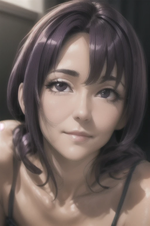 One mature woman, Close-up photo of the face、Beautiful Face, ((black eye)), Purple Hair、Sexy pose, performer, space,Soft Light, (Natural skin texture:1.2), (Hyperrealism:1.2), Sharp focus, Concentrated,[[Realistic]]