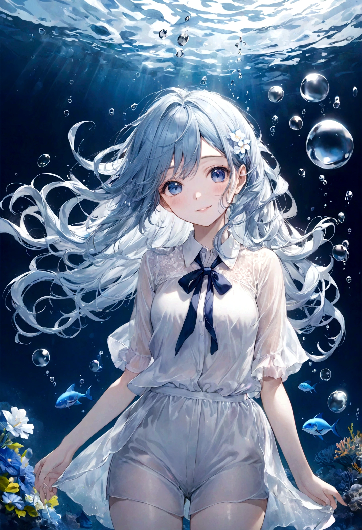 ((top-quality)), ((masterpiece)), ((ultra-detailliert)), (extremely delicate and beautiful), bright sky blue hair, watery hair, bright sapphire eyes, fair skin, beautiful woman, sheer white shirt, sheer white shorts, navy blue ribbon ties, underwater world, cold background, air bubbles, water bubbles, underwater, sweet smile, delicate wavy long hair, blue and white flowers in the water