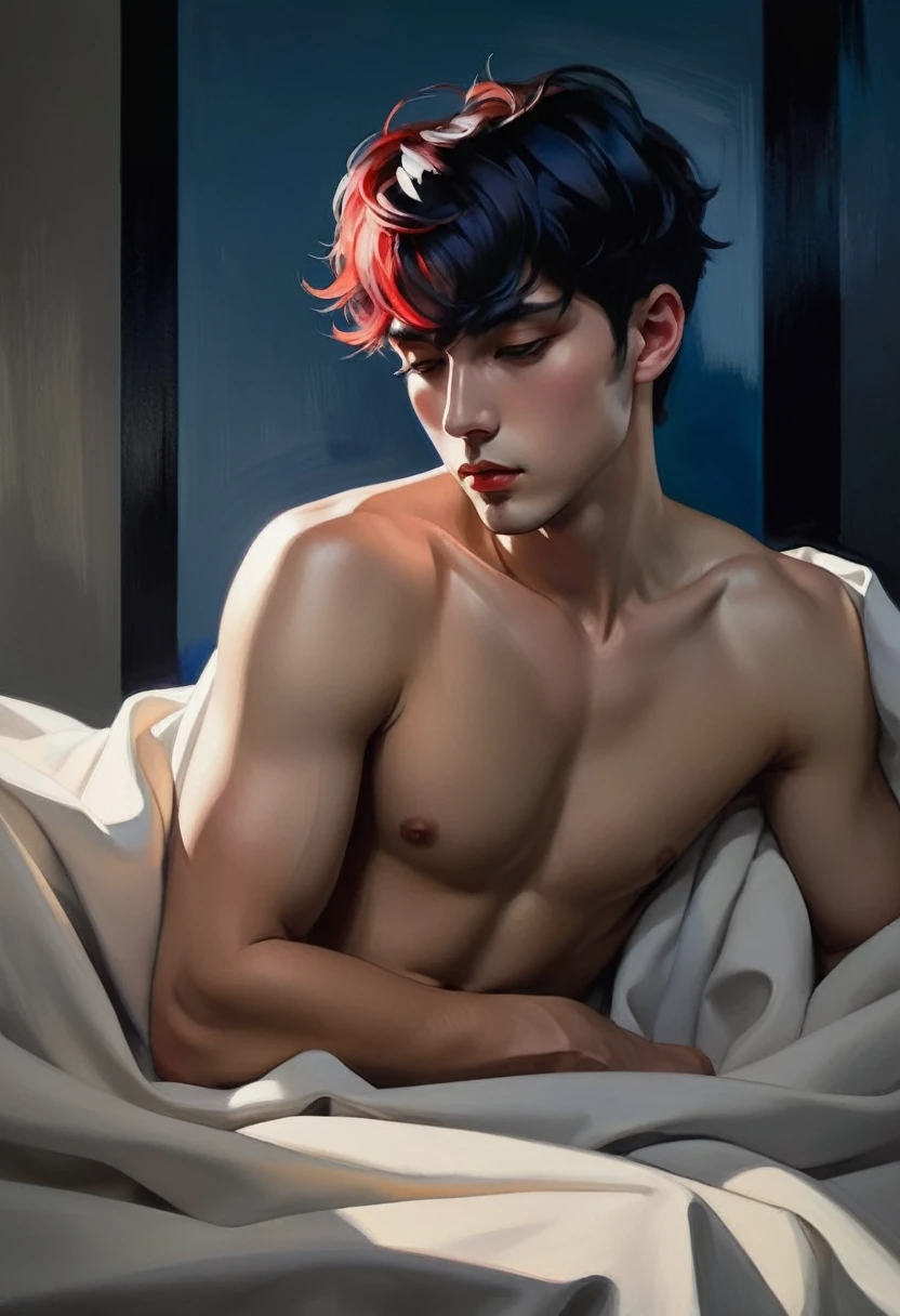 chiaroscuro technique on sensual illustration of an arafed man resting in white blanket, sexy masculine, model with attractive body, inspired by Ludovit Fulla, mid-shot of a hunky, the model draped in flowing, thick oil painting by Harumi Hironaka, extremely soft colors, vibrant, highly detailed, malcolm liepke painting, oil on canvas, high contrast, dramatic, refined, tonal, Create high contrast between light and shadow by Leon Polk Smith, memphis abstract minimal art, graphic shapes, minimal art, blue and red, minimal art style, bauhaus art, inspired by El Lissitzky, bold simple shapes, shadow