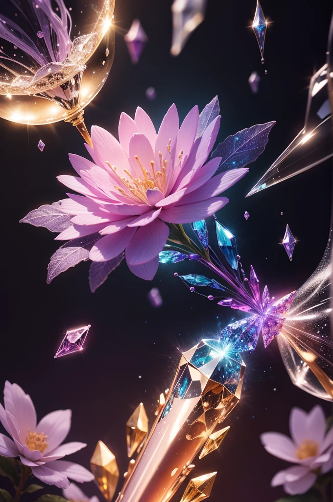 crystal flower, Fantasy, Milky Way, transparent, Sparkling, Sparkling, The Shining, colorful, magical photography, LightingDramatic, Photorealism, Ultra-detailed, 4K, Depth of written boundary, High resolution、gem