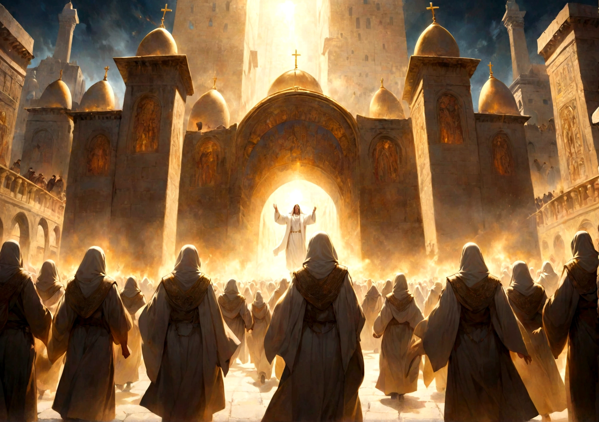 An awe-inspiring image of resurrected saints entering the holy city of Jerusalem. The figures, dressed in ancient robes, walk through the city gates, surrounded by a glowing light. The city of Jerusalem is depicted with its iconic architecture and the temple in the background. People in the city are shown reacting with shock and amazement at the sight of the resurrected saints."