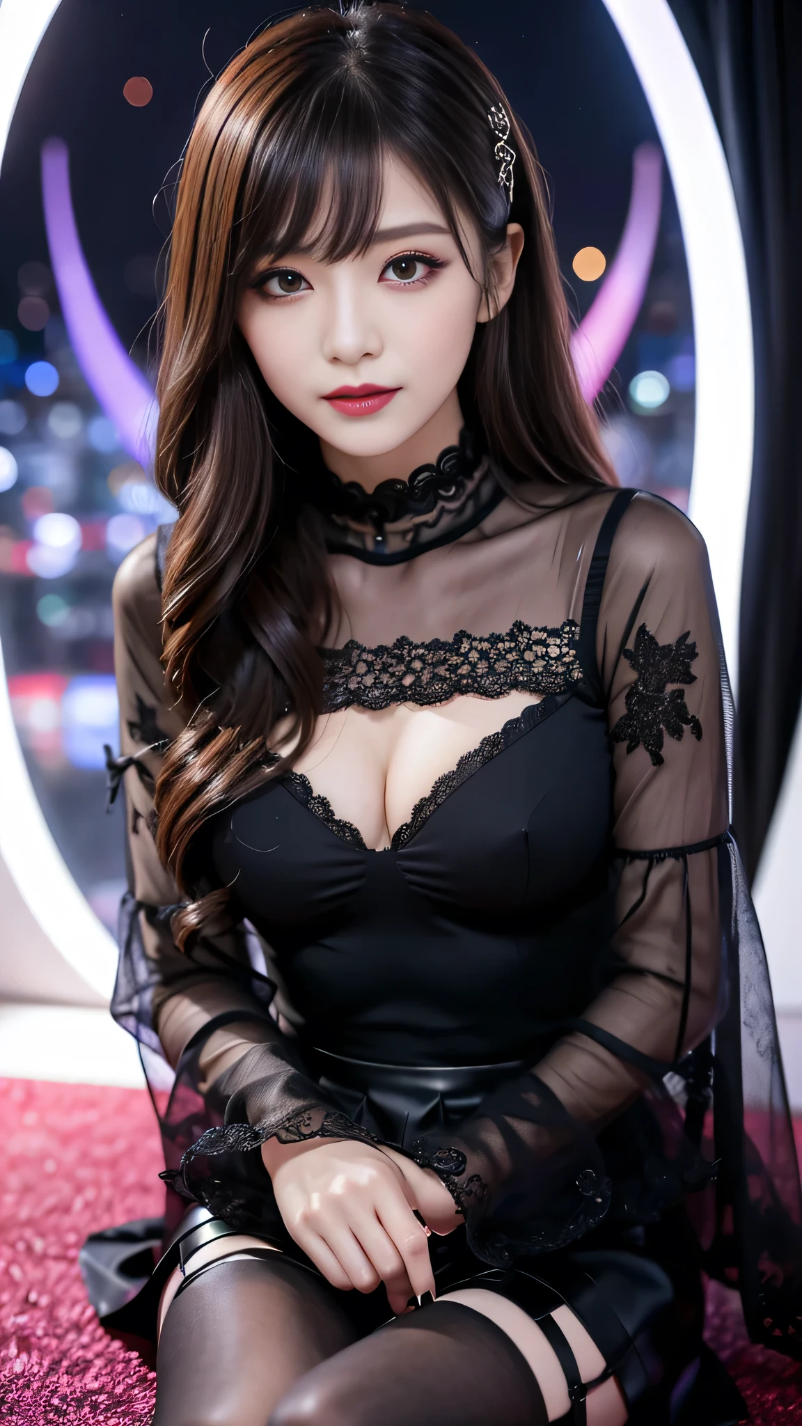 best quality、ultra-detailed、8k、Japanese、Japanese、Seductive beauty、seductive adult woman、Pretty Woman、cool girl、Villainess、brainwash makeup、Brainwashed、brainwash、Fallen into evil、smirk、Evil look、Wicked Smile、evil、Brown hair、wavy hair、swept bangs、dark makeup、dark makeup、piercing eyes、hollow eyes,half-closed eyes、Hollow Eyes、purple Eyeshadow、black lipstick、black lipglos、Lace fabric、black party dress、Wide sleeves、flare skirt、stockings、pantyhose、night、inside darkroom、Are standing、Look、Offer、shoot from below、Make up、Hold a small makeup brush、Swear allegiance、I have pledged my allegiance、Seduce、Evil female executive、Female Combatant