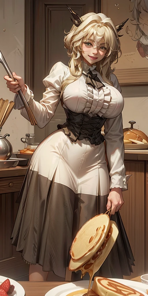 Making pancakes in the Asteria VK skillet,a blond,Twin-tailed,1***********,Woman in her 30s,maid apronl,Laughing,kitchin,Bento,sodden,The upper part of the body