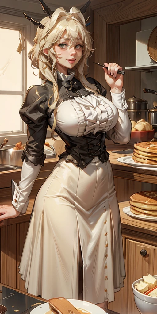 Making pancakes in the Asteria VK skillet,a blond,Twin-tailed,1***********,Woman in her 30s,maid apronl,Laughing,kitchin,Bento,sodden,The upper part of the body