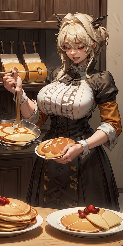 Making pancakes in the Asteria VK skillet,a blond,Twin-tailed,1little girl,Woman in her 30s,maid apronl,Laughing,kitchin,Bento,sodden,The upper part of the body