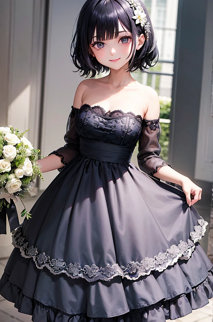 dark grey HAIR Short Hair Indigo eyes smile beautiful girl wedding Starry Dress White flower bouquet Flower Field Fantastic Light