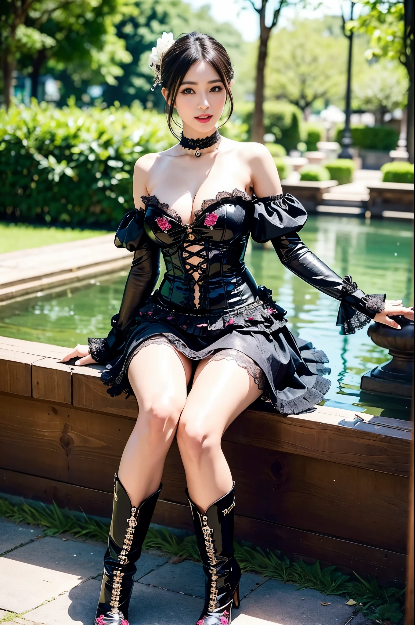 nsfw, sexy stylish Thai model, only 1 female, ((doll-like appearance)), short Mahogany stylish hair, ((shiny Victorian-Style boots)), (big smile), ultra detailed eyes, vivid eye makeup, lip-gloss, long lashes, defined eyebrows, ((sexy Paradise Kiss cosplay)), bell-shaped skirt, petticoats, high neckline, puffed sleeves, ((ultra detailed lace)), ((ultra detailed embroidery)), intricate details, Paradise Kiss accessoires and matching headpiece, choker, ((large sparkling Paradise Kiss jewelry)), cinematic light, detailed large park background with trees