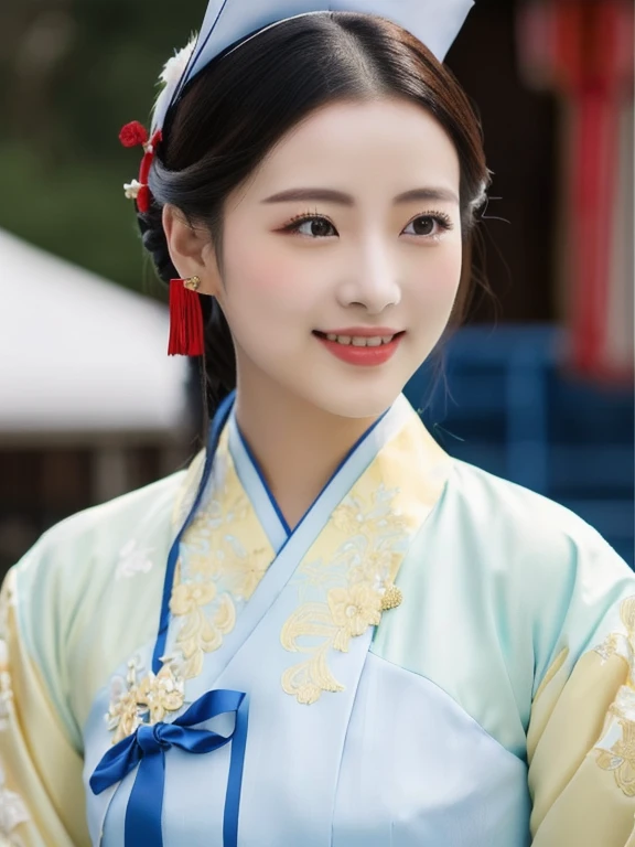 A woman in a blue and red dress poses for a photo., สวมChinese dressโบราณ, palace , a girl in Hanfu, Hanfu, traditional chinese clothing, with ancient Chinese clothes, traditional chinese, traditional beauty, Chinese dress, Chinese girl, Chinese dress, Chinese style, Chinese woman, Wearing a blue cheongsam, Tailoring a suit according to tradition