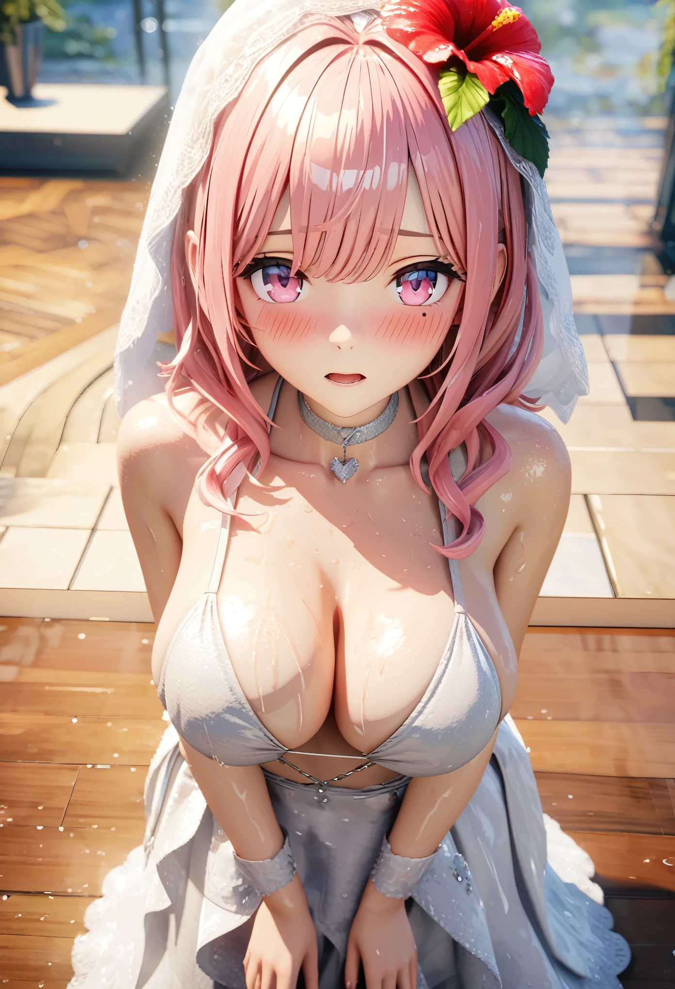 masterpiece, best quality, highly detailed, high resolution, expensive resolution, high resolution, 4k, 8k, Unity 8k wallpaper, highly detailed CG, masterpiece, 2d, 3d, beautiful details, depth, fine texture, best quality: 1.3, perfect focus, crisp skin, him, very cute anime girl, bikini, wedding veil with hibiscus decoration, heavy rain, full body drenched in rain, hair also soaked, big boobs all over, medium long pink hair in expensive clothes, mole under eye, looking at the viewer, expensive, blush, mole, open lips, heart, pink eyes, choker