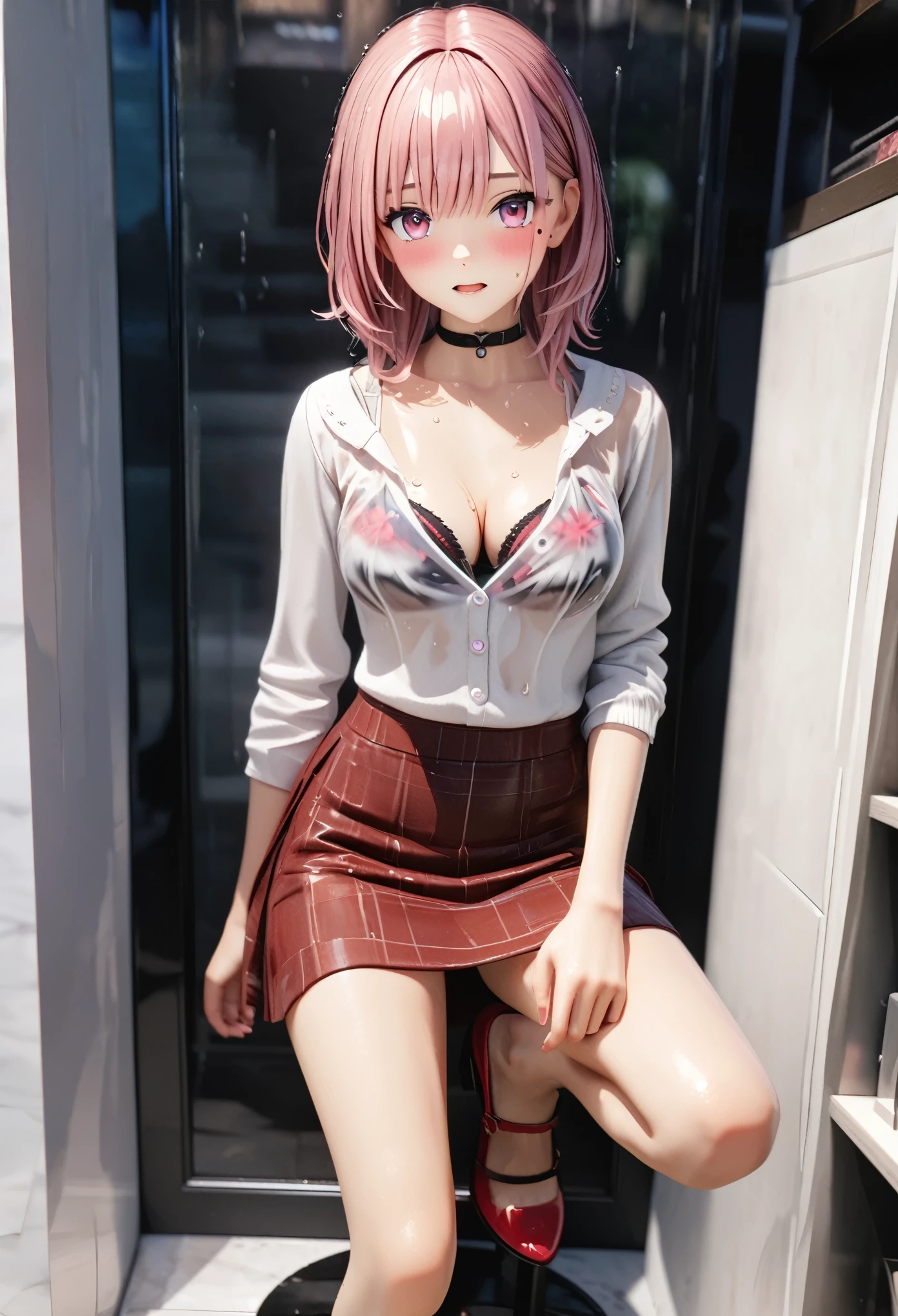 (Masterpiece, BestQuality:1.3), (ultra detailed:1.2), (hyperrealistic:1.3), (RAW photo:1.2), High detail RAW color photo, professional photograph, (Photorealistic:1.4), (realistic:1.4), (Pink Hair:1.5), professional lighting, perfect anatomy, (Big Breasts:1.2), (blush, detailed face), (cheerful Smile:1.5), Trending Hair&Trending Hairカラーをランダムに, earrings, necklace, bracelet, sexly, erotic sexly, Random sexy gravure poses, (A beautiful secretary in a black miniskirt and a tight white shirt、Sitting on a chair in a cafe、Smile as if seducing。Legs crossed in black stockings and black high heels、A pose that shows off a deep chest。: 1.3)