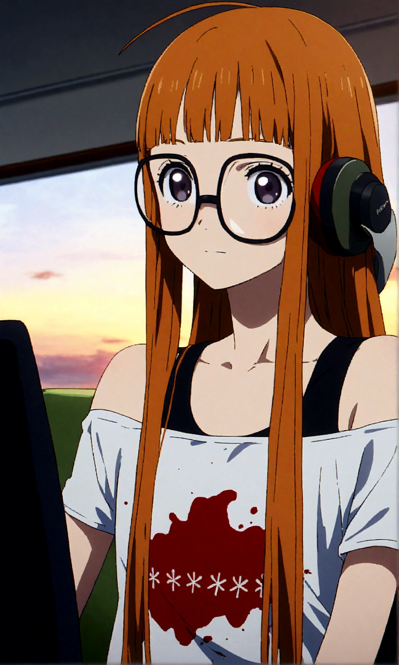 1girl, sakura futaba, upperbody, (masterpiece), cinematic, beautiful light, best quality, newest, aesthetic,very aesthetic,anime,anime keyvisual,indoor, sunset,chair,