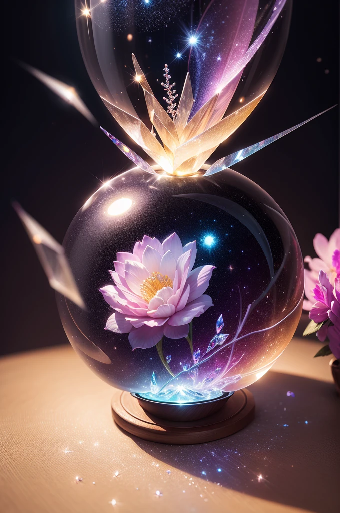 crystal flower, Fantasy, Milky Way, transparent, Sparkling, Sparkling, The Shining, colorful, magical photography, LightingDramatic, Photorealism, Ultra-detailed, 4K, Depth of written boundary, High resolution、pick up、ball