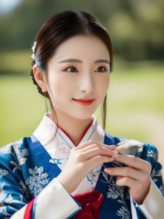 A woman in a blue and red dress poses for a photo., สวมChinese dressโบราณ, palace , a girl in Hanfu, Hanfu, traditional chinese clothing, with ancient Chinese clothes, traditional chinese, traditional beauty, Chinese dress, Chinese girl, Chinese dress, Chinese style, Chinese woman, Wearing a blue cheongsam, Tailoring a suit according to tradition