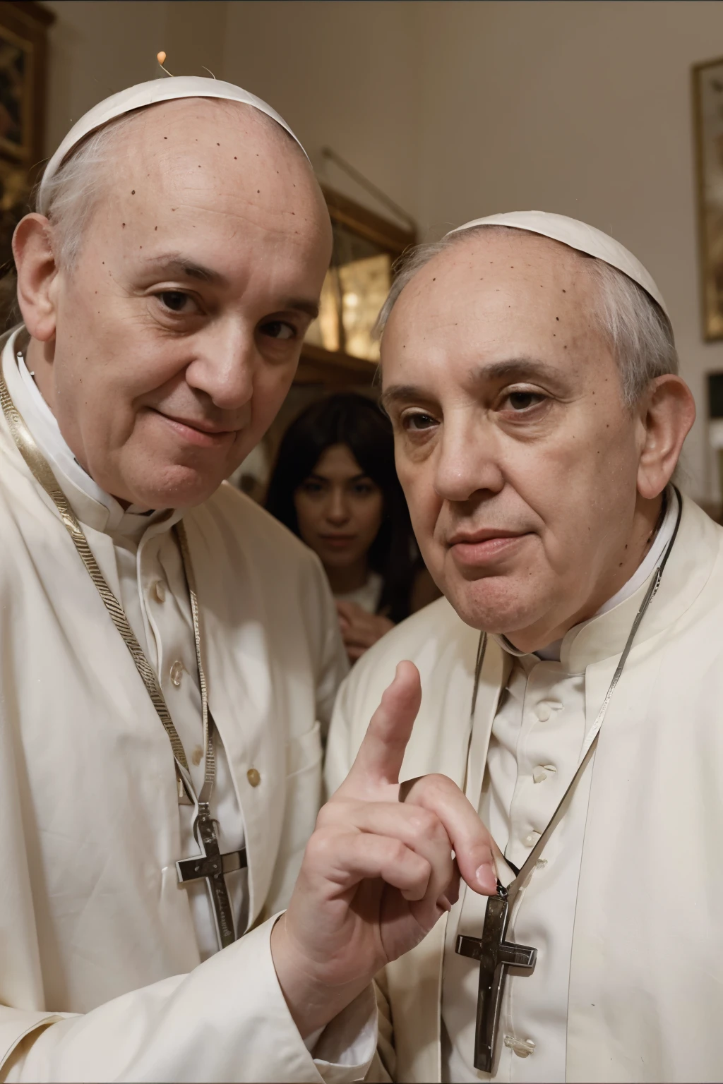 Pope Francis with Pope Francis and Pope Francis pointing at each other