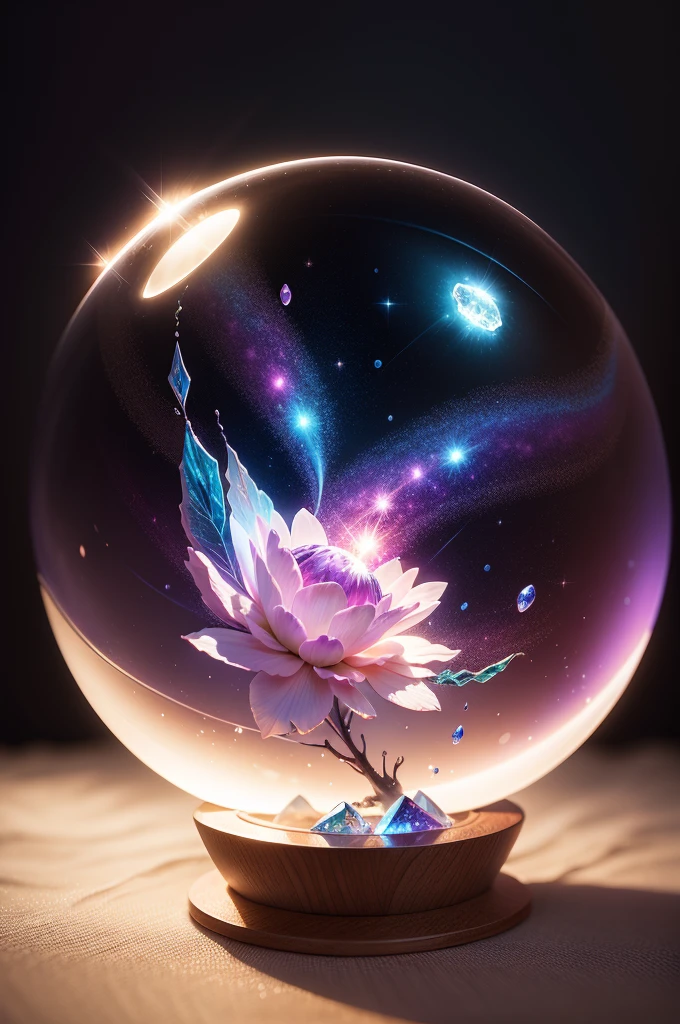 crystal flower, Fantasy, Milky Way, transparent, Sparkling, Sparkling, The Shining, colorful, magical photography, LightingDramatic, Photorealism, Ultra-detailed, 4K, Depth of written boundary, High resolution、pick up、ball