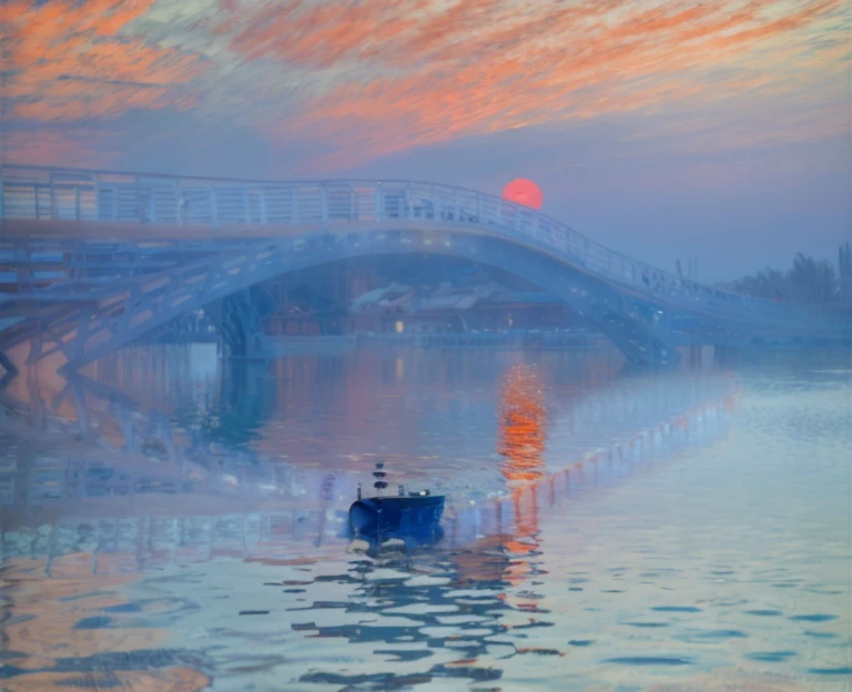 长时间曝光photography,获奖的photography,Practical,In waters with boats,Sunset, ,stunning lighting, Abstract, Claude Monet,Abstract,photography,high quality,blue,orange,Sunset,Beautiful scenery,photo,photoPractical