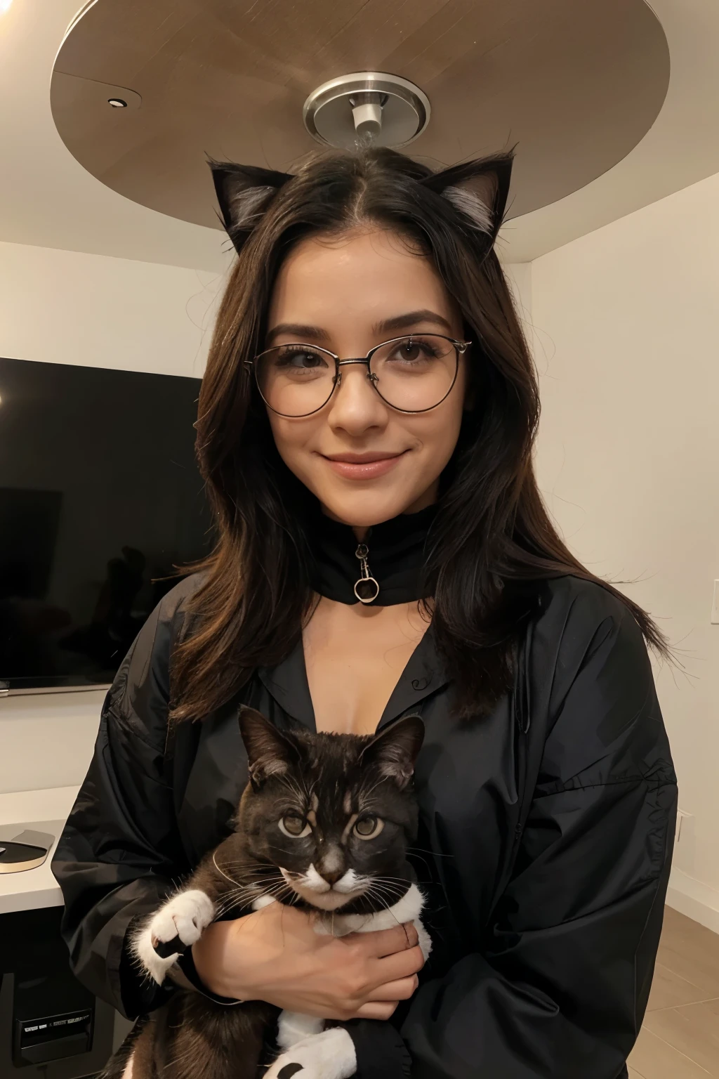 Mulher, cabelo no ombro, cacheado, preto, oculos de gatinho, sorrindo, com gatos, written Cat Sitter Aunt Val