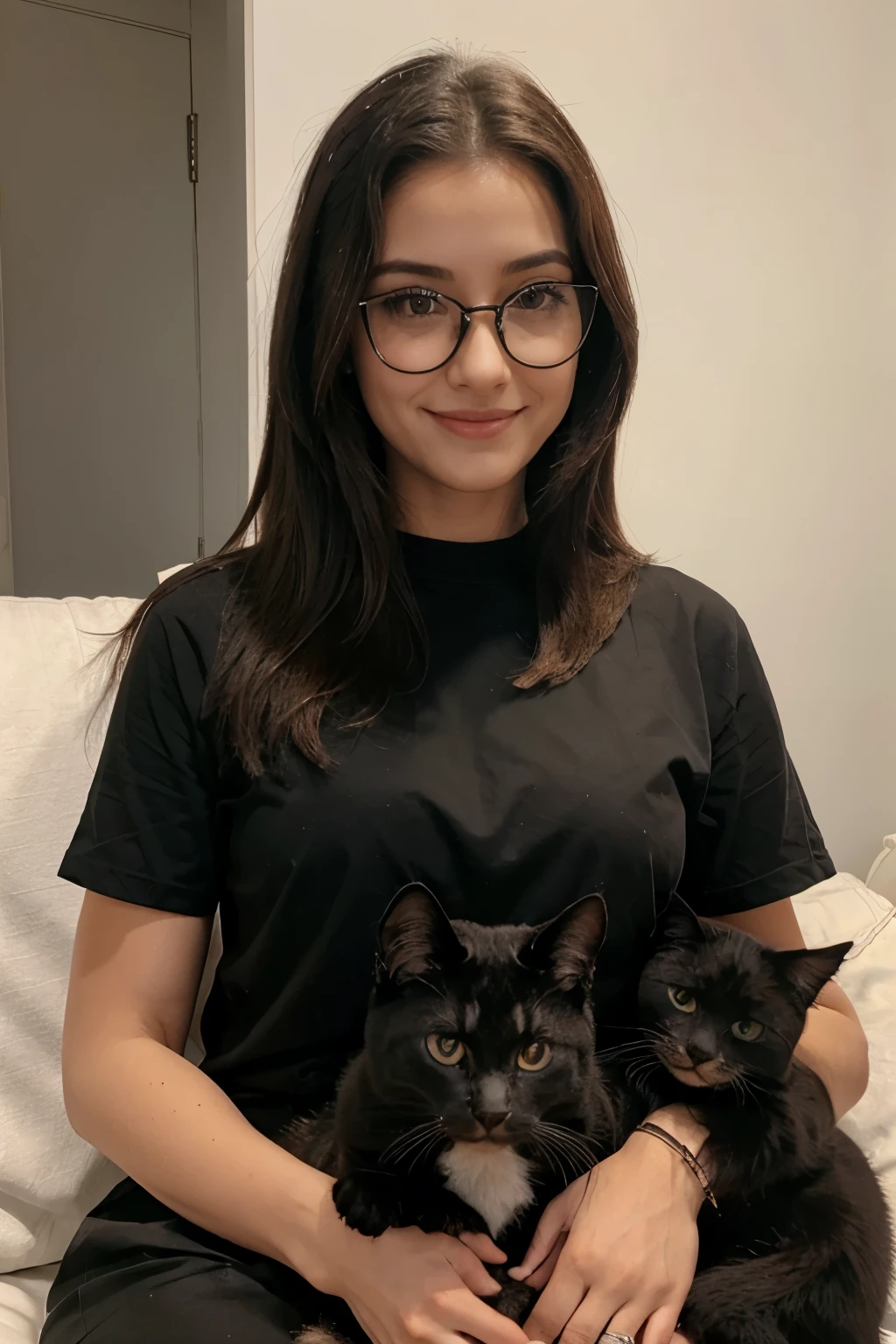Mulher, cabelo no ombro, cacheado, preto, oculos de gatinho, sorrindo, com gatos, written Cat Sitter Aunt Val