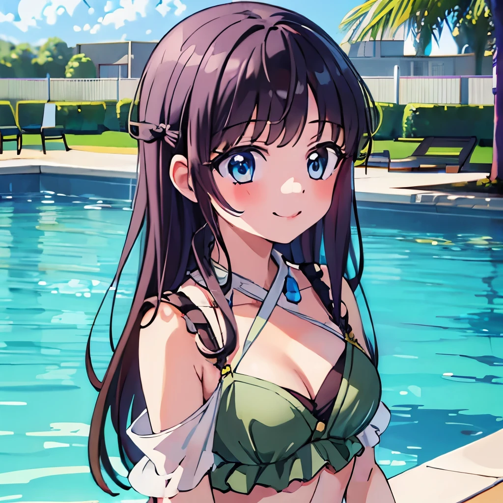 ((masterpiece)), ((best quality)), (ultra-detailed), anime style, pool, a cute girl, 1girl, solo, ((beautiful eyes)), smile, bikini00,