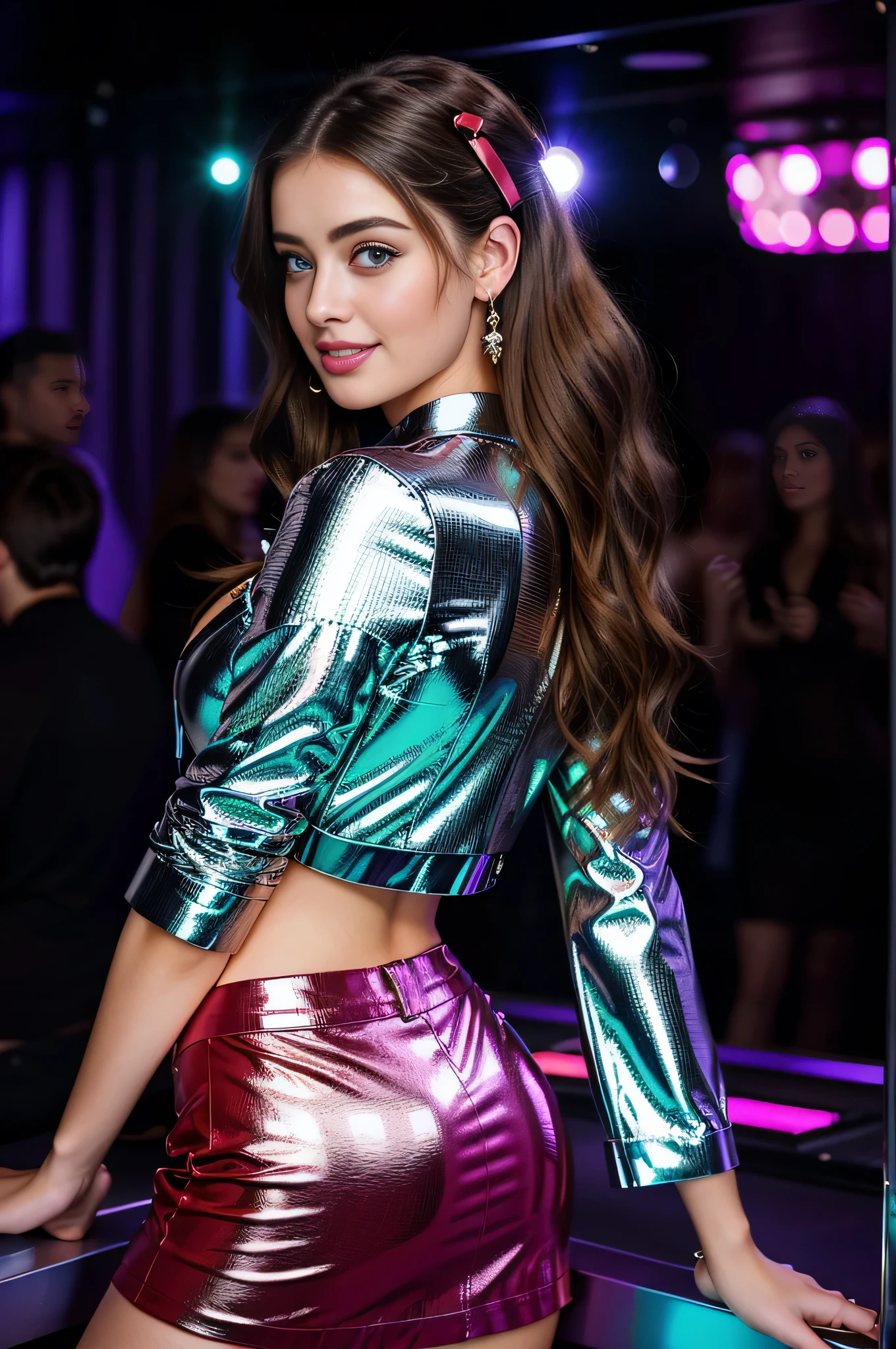 professional photo of 1 Girl in a disco club, disco light, modern and beautiful disco club, chic girl, age 20, 170 cm height, beautiful girl, mix of taylor hill face, amber heard face, miranda kerr face, emily didonato face, Yeva Smolenska face and yael shelbia face, beautiful face, small nose, real face, smiling, very attractive girl, sexy attire, dimple, medium to large breasts, cleavage, big butt, sexy hips, curvy girl, light brown hair, (A detailed face Characterized by real skin, radiant skin, Super Detail Face, Natural makeup, Hair in super detail, Super detail body, The hairstyle is an updo accented with a black ribbon, creating a feminine impression. medium to long hair, blue eyes, checkered red tight red mini leather skirt with pokets and a cropped leather jacket. with beautiful details, intricate details, stylish outfit, two piece outfit, amazing louis vuitton outfit, vivid colors, beautiful clothes contrast, exuding an effortless sophistication. Full body photo, perfect light, smiling with dimple, confident girl, Very detailed, background details ,foreground objects, cannon camera, fujifilm, realistic,Try adding a chic accent, uhd, masterpiece, various poses, full body photo, ultrasharp, 18k wallpaper, Trending in art stations, uhd, Canon EOS M50,Hybrid AF with 179-point focal plane phase detection and 25-point contrast detection nikon500, photoreal, real life, RealLife Enhancer, full body model pose, she is a supermodel, perfect body, beautiful legs, beautiful hands, crystal clear, wide shot,view from back, gorgeous Girl in a disco club, disco light, modern and beautiful disco club, image clarity, shallow depth of field, professional light, light on her face, beautiful contrast colors,flirting with the camera, the most beautiful girl in the world, various poses, hyper-realistic as realistic as possible, super high resolution, best quality, amazing, pastel colors, full body photo