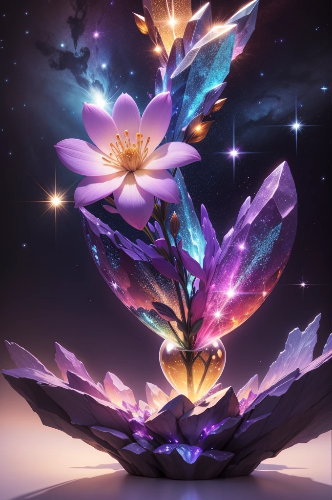 crystal flower, Fantasy, Milky Way, transparent, Sparkling, Sparkling, The Shining, colorful, magical photography, LightingDramatic, Photorealism, Ultra-detailed, 4K, Depth of written boundary, High resolution