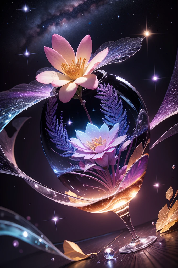 crystal flower, Fantasy, Milky Way, transparent, Sparkling, Sparkling, The Shining, colorful, magical photography, LightingDramatic, Photorealism, Ultra-detailed, 4K, Depth of written boundary, High resolution