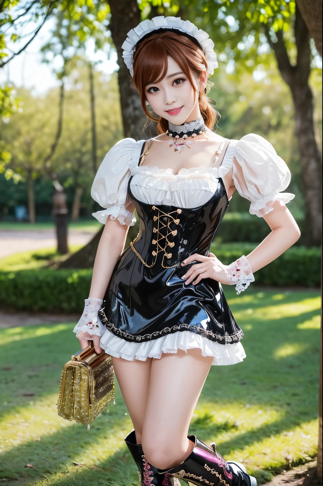 (nsfw), sexy stylish Thai model, only 1 female, ((doll-like appearance)), short Auburn stylish hair, ((shiny Victorian-Style boots)), (big smile), ultra detailed eyes, vivid eye makeup, lipgloss, long lashes, defined eyebrows, ((sexy Paradise Kiss cosplay)), bell-shaped skirt, petticoats, high neckline, puffed sleeves, ((ultra detailed lace)), ((ultra detailed embroidery)), intricate details, Paradise Kiss accessoires and matching headpiece, choker, ((large sparkling Paradise Kiss jewelry)), cinematic light, detailed large park background with trees