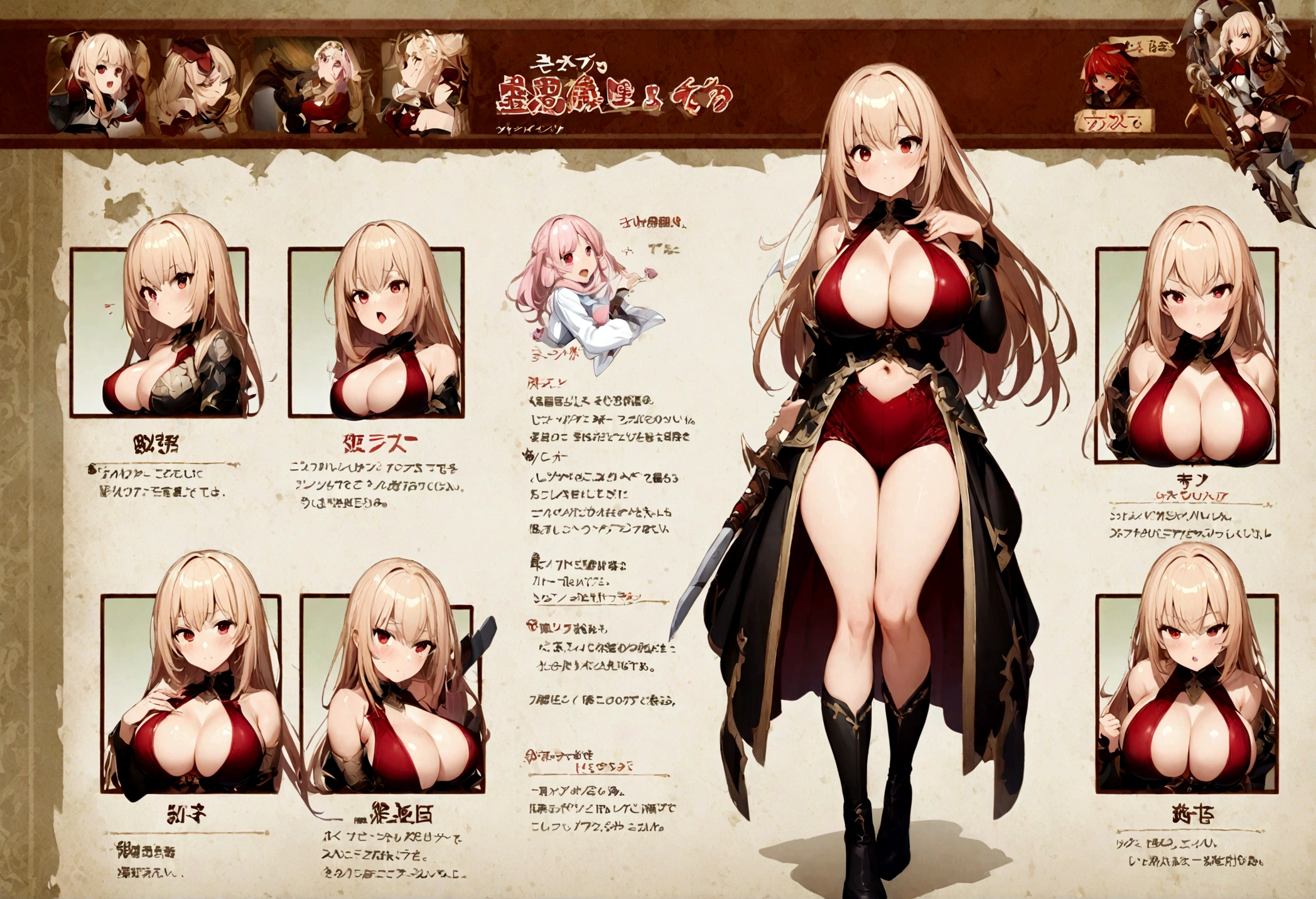 1girl, sexy, red eyes,5 rpg classes, big breast, character sheets, various pose and expression